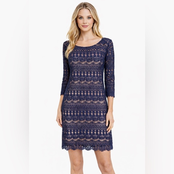 jessica h Dresses & Skirts - Jessica H Women's Navy Nude Lace Dress Size 6. 3/4 Sleeve